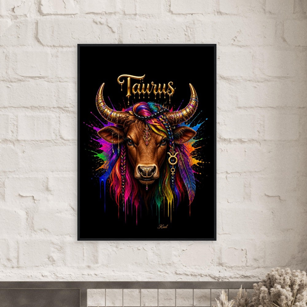 Taurus Neon Zodiac Bull Poster, Colorful Wall Art, Artistic Astrology Canvas, Zodiac Gift for Her, Danish Art Studio