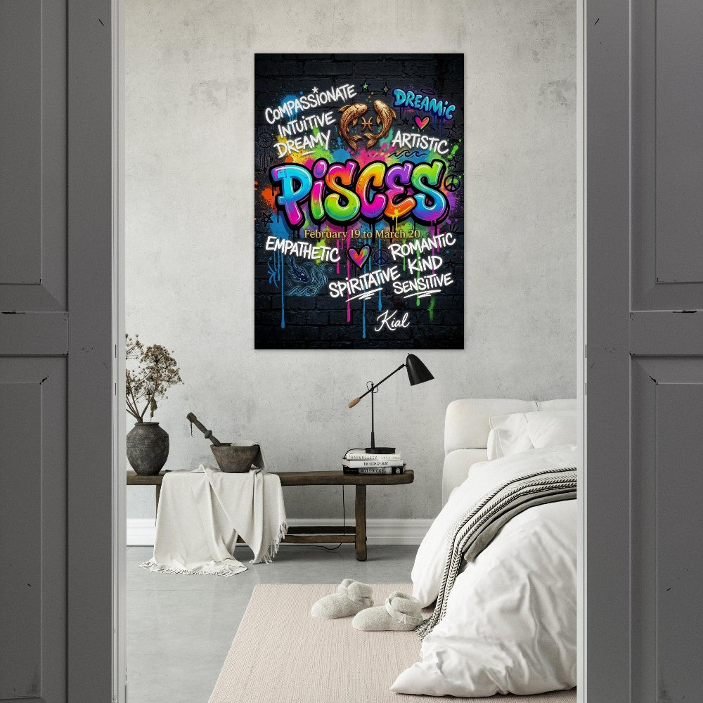 Pisces Neon Graffiti Zodiac Poster, Dark Background, Colorful Street Art, Zodiac Gift for Her, Danish Art Studio