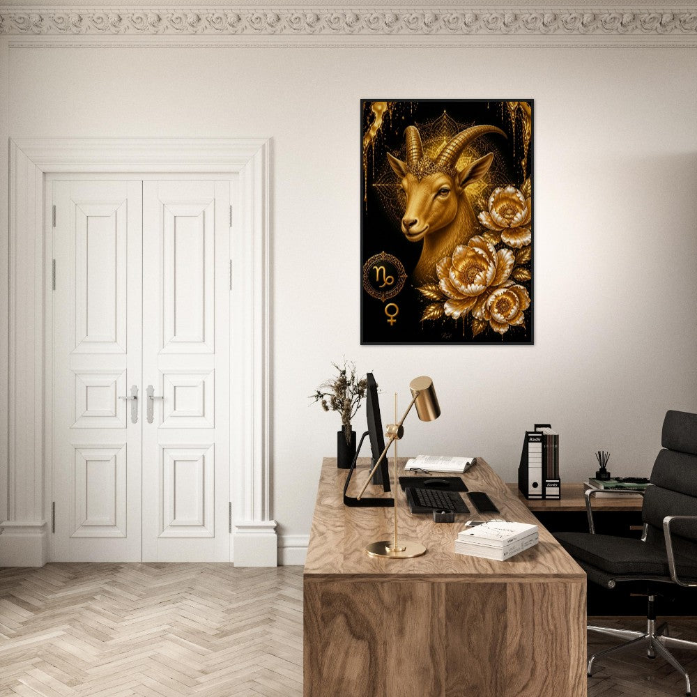 Capricorn Zodiac Goat Poster, Gold Wall Art, Astrology Canvas, Goat Portrait, Zodiac Gift for Her, Danish Art Studio