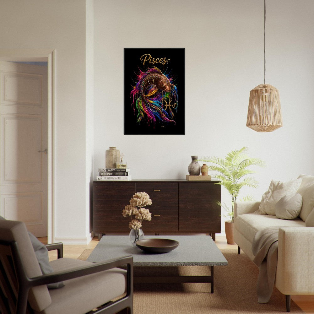 Pisces Neon Zodiac Koi Poster, Colorful Wall Art, Artistic Astrology Canvas, Zodiac Gift for Him, Danish Art Studio