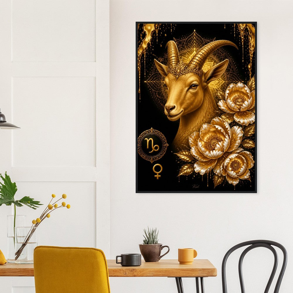 Capricorn Zodiac Goat Poster, Gold Wall Art, Astrology Canvas, Goat Portrait, Zodiac Gift for Her, Danish Art Studio