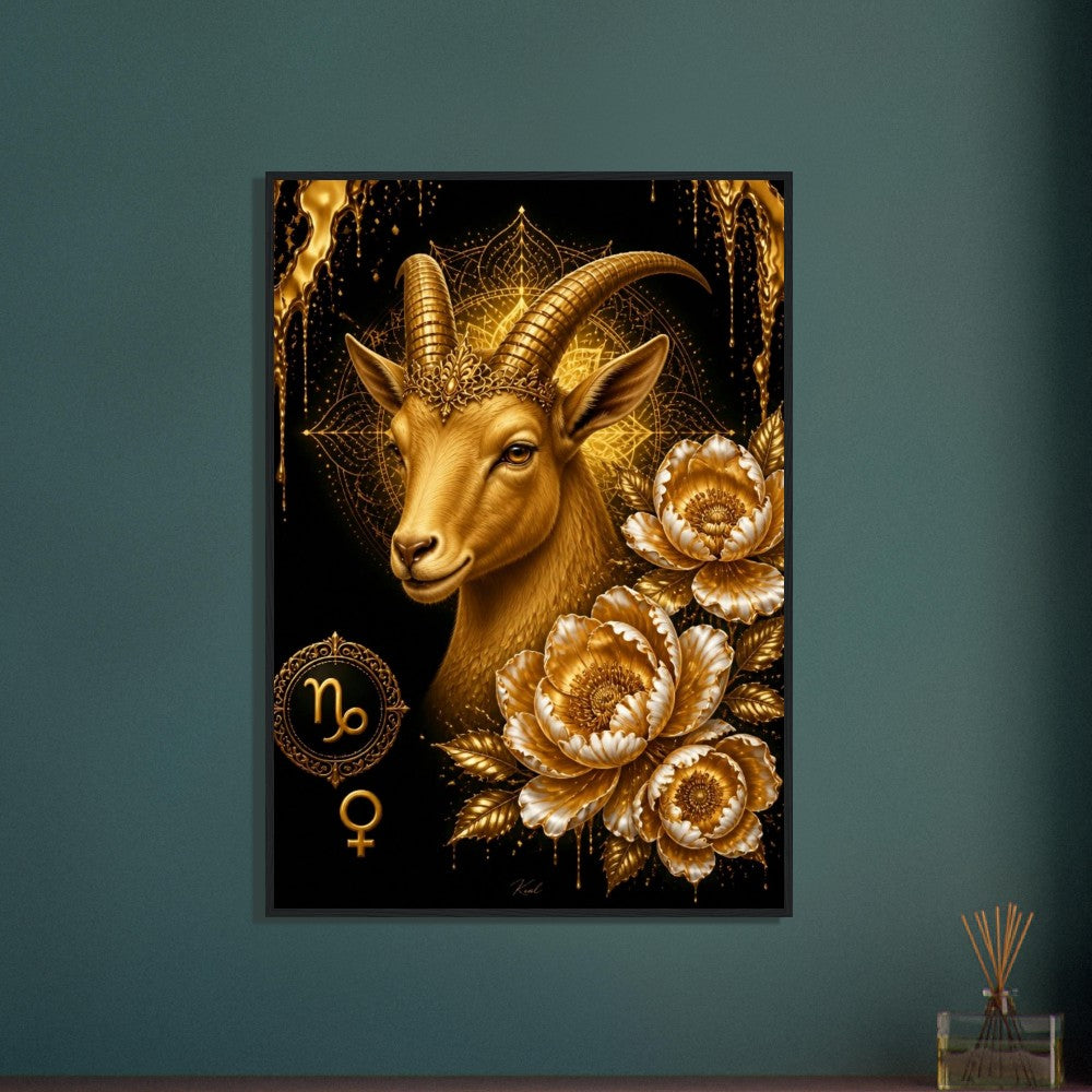 Capricorn Zodiac Goat Poster, Gold Wall Art, Astrology Canvas, Goat Portrait, Zodiac Gift for Her, Danish Art Studio