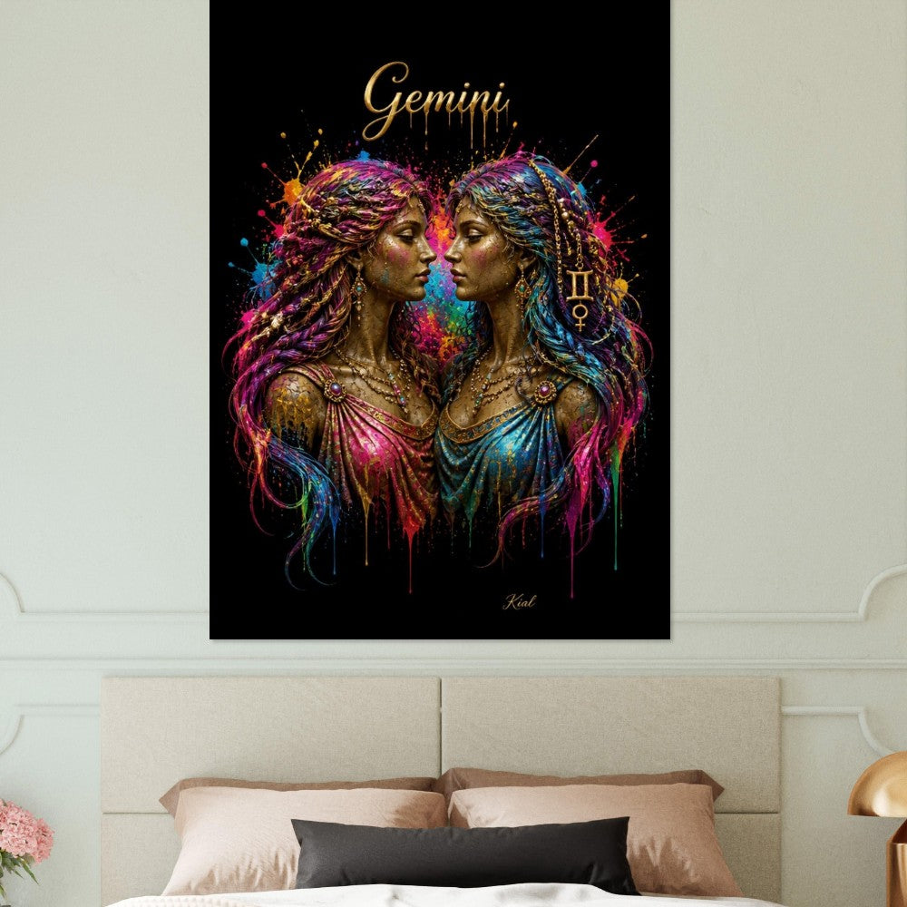 Gemini Neon Zodiac Tvillinger Plakat, Farverig Vægkunst, Kunstnerisk Astrologi Lærred, Horoskop Gave til Hende, Danish Art Studio