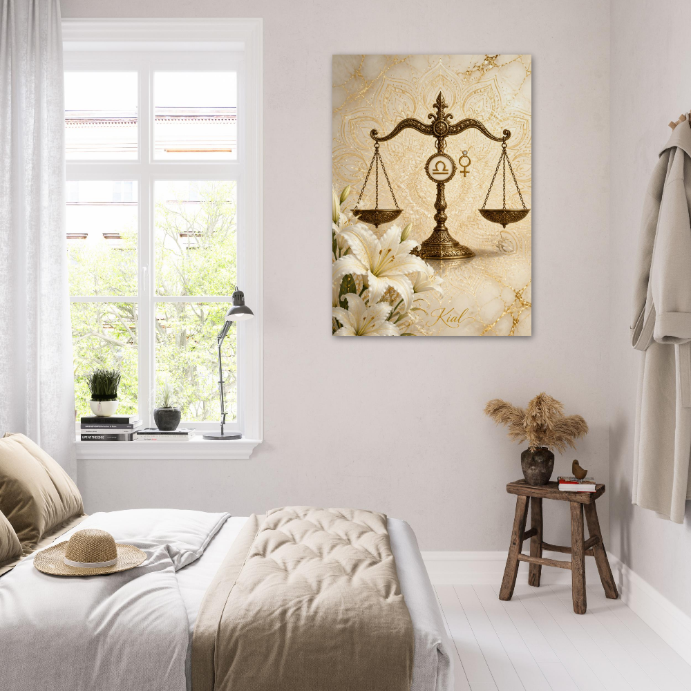 Libra Zodiac Scales Poster, Gold Wall Art, Astrology Canvas, Scales Portrait, Zodiac Gift for Her, Danish Art Studio