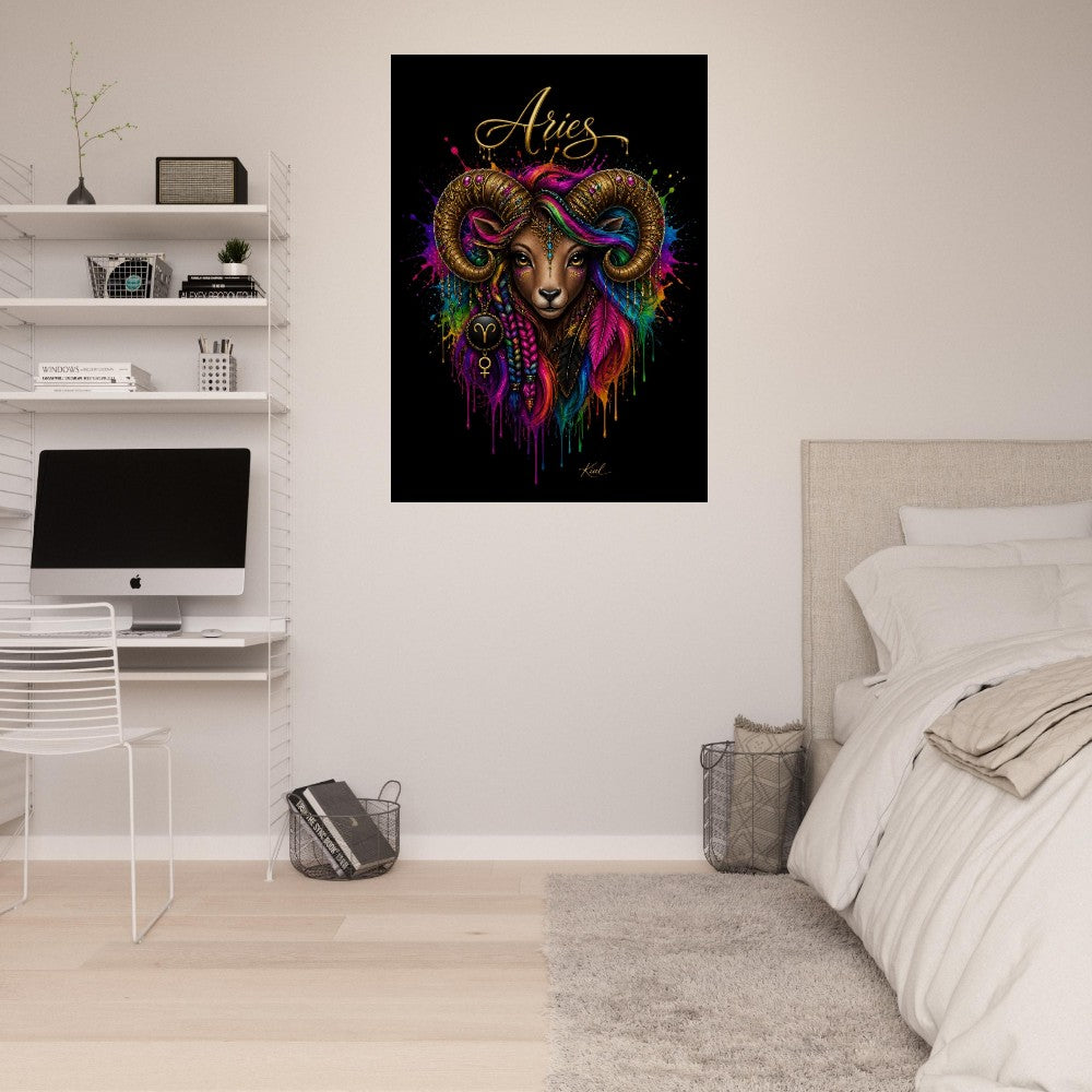 Vædderen Neon Stjernetegn Plakat, Farverig Vægkunst, Kunstnerisk Astrologi Lærred, Stjernetegnsgave til Hende, Danish Art Studio
