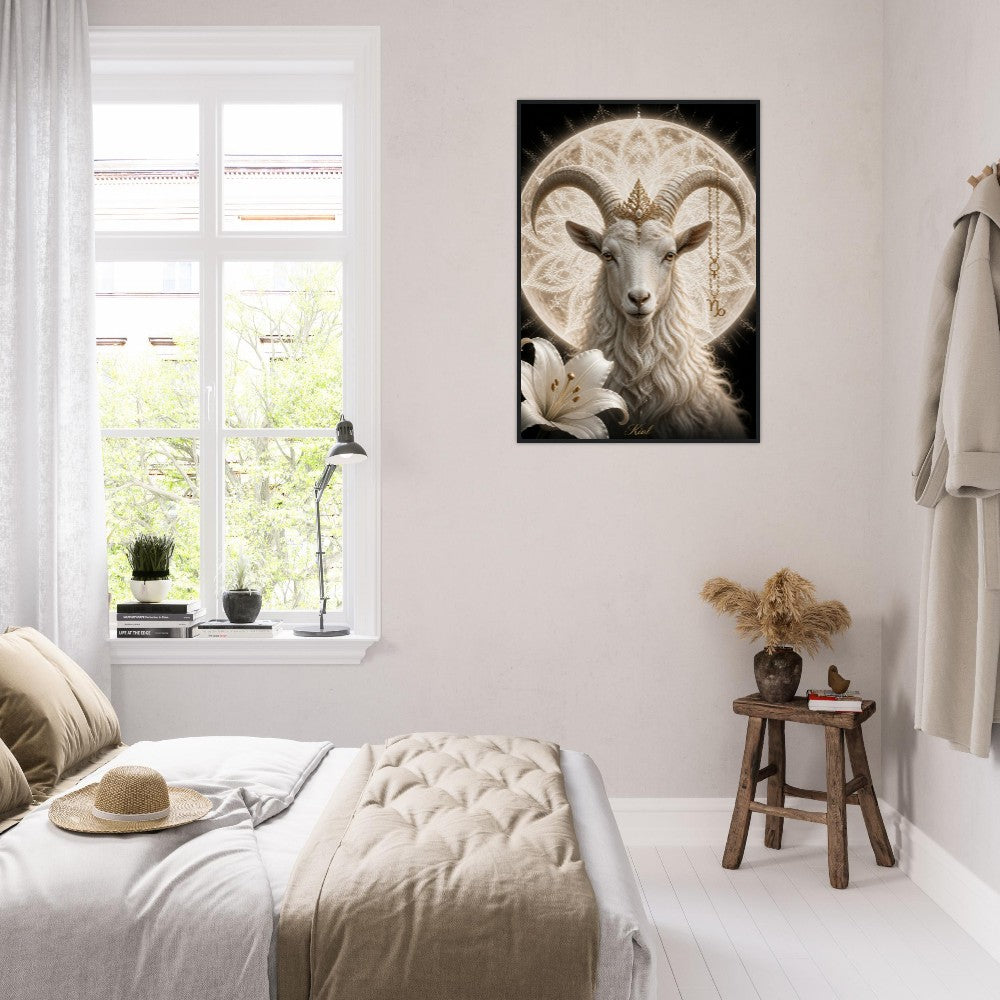 Capricorn Zodiac Goat Poster, Gold Wall Art, Astrology Canvas, Goat Portrait, Zodiac Gift for Her, Danish Art Studio