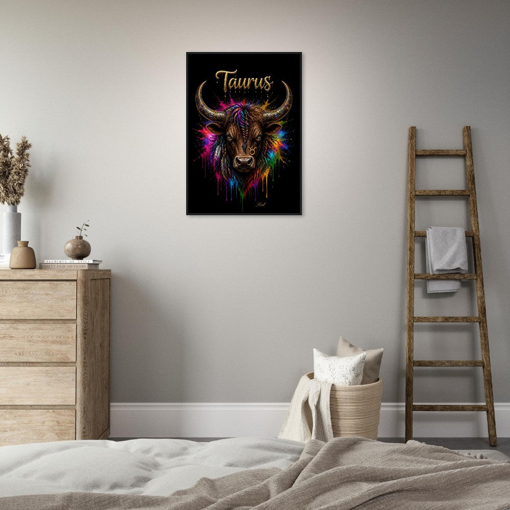 Taurus Neon Zodiac Bull Poster, Colorful Wall Art, Artistic Astrology Canvas, Zodiac Gift for Him, Danish Art Studio