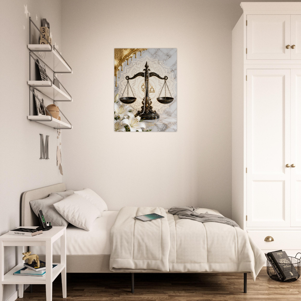 Libra Zodiac Scales Poster, Gold Wall Art, Astrology Canvas, Scales Portrait, Zodiac Gift for Her, Danish Art Studio