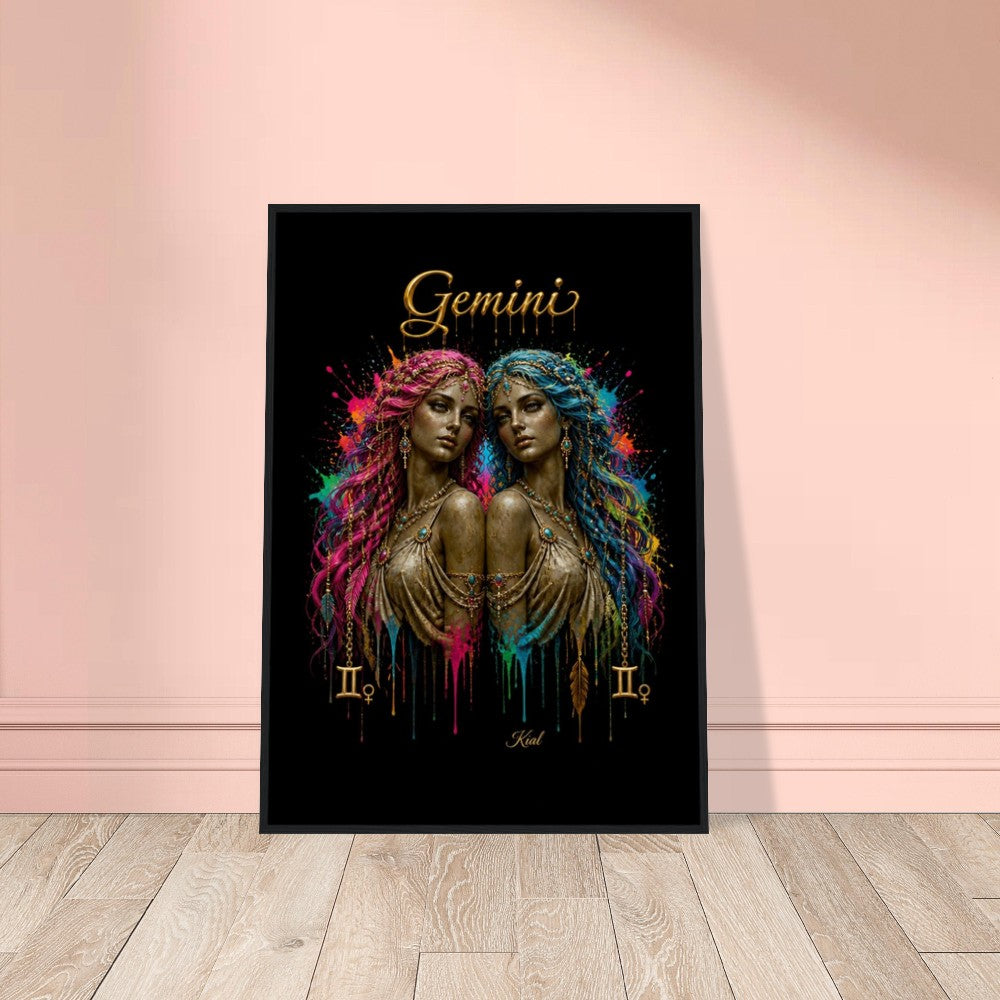 Gemini Neon Zodiac Twins Plakat, Farverig Vægkunst, Kunstnerisk Astrologi Lærred, Zodiak Gave til Hende, Dansk Kunst Studio