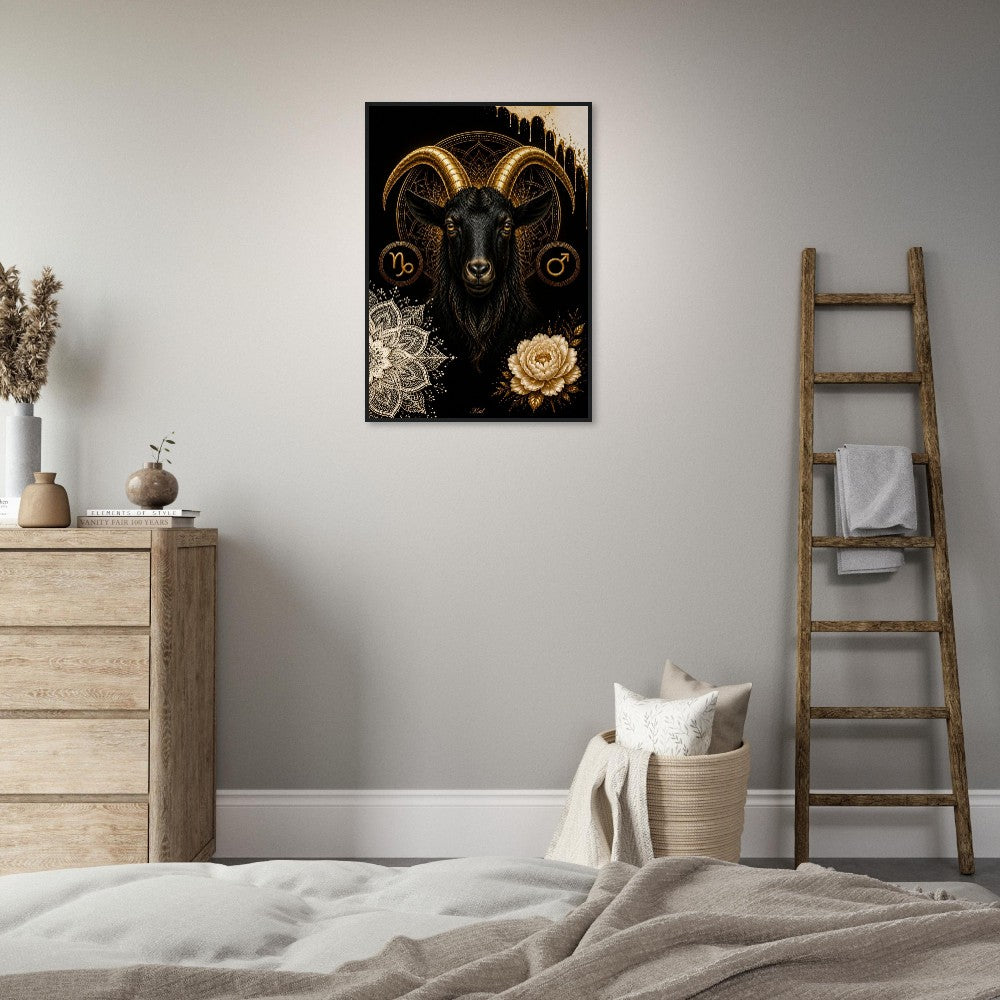 Capricorn Zodiac Goat Poster, Gold Wall Art, Astrology Canvas, Goat Portrait, Zodiac Gift for Him, Danish Art Studio