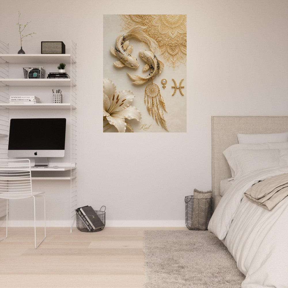 Pisces Zodiac Koi Poster, Gold Wall Art, Astrology Canvas, Koi Portrait, Zodiac Gift for Her, Danish Art Studio
