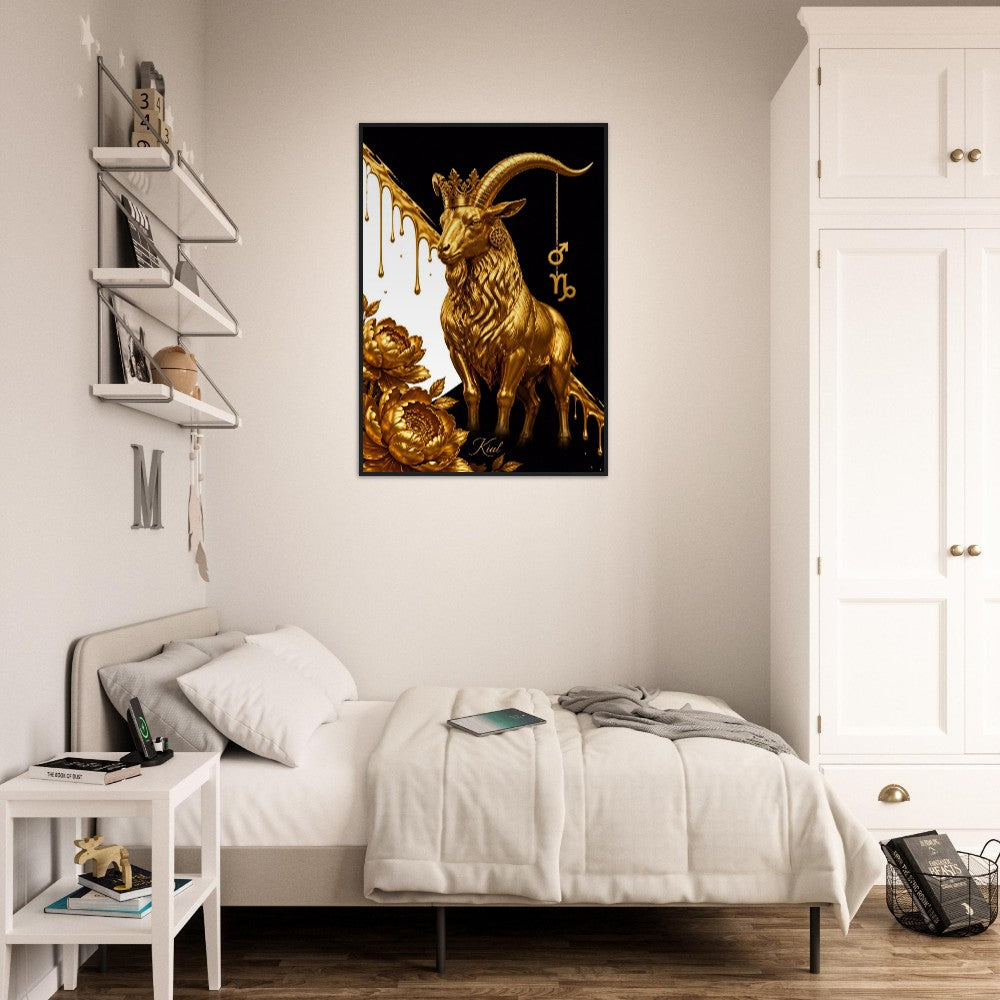 Capricorn Zodiac Goat Poster, Gold Wall Art, Astrology Canvas, Goat Portrait, Zodiac Gift for Him, Danish Art Studio