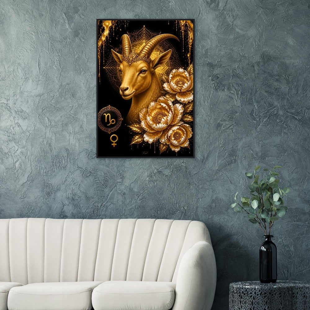 Capricorn Zodiac Goat Poster, Gold Wall Art, Astrology Canvas, Goat Portrait, Zodiac Gift for Her, Danish Art Studio