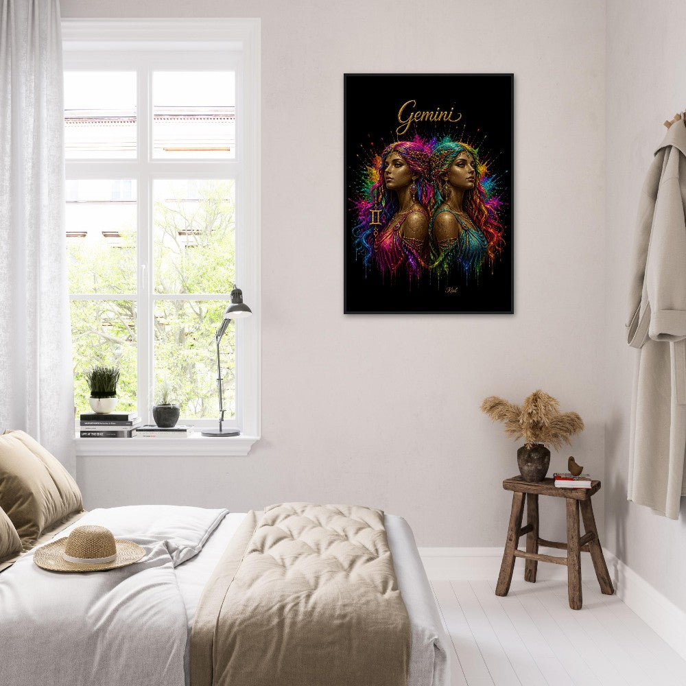 Gemini Neon Zodiac Tvillinger Plakat, Farverig Vægkunst, Kunstnerisk Astrologi Lærred, Zodiak Gave til Hende, Dansk Kunst Studio