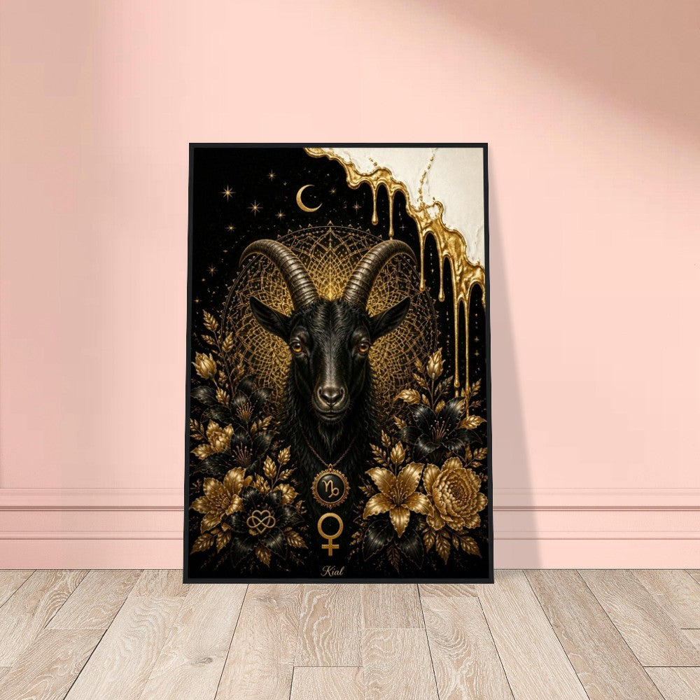Capricorn Zodiac Goat Poster, Gold Wall Art, Astrology Canvas, Goat Portrait, Zodiac Gift for Her, Danish Art Studio