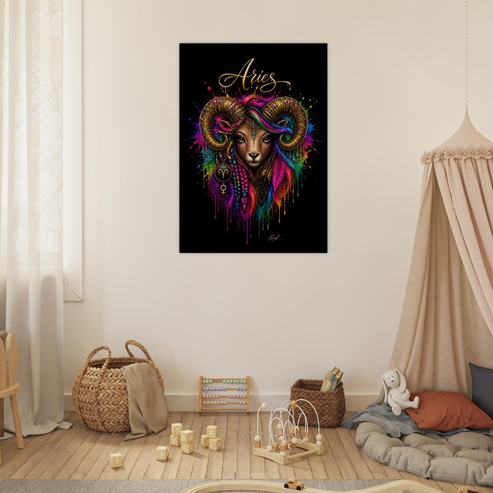 Vædderen Neon Stjernetegn Plakat, Farverig Vægkunst, Kunstnerisk Astrologi Lærred, Stjernetegnsgave til Hende, Danish Art Studio