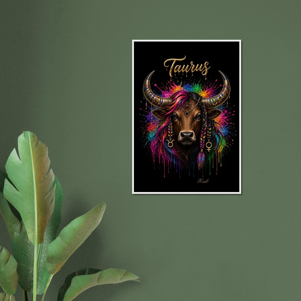 Taurus Neon Zodiac Bull Poster, Colorful Wall Art, Artistic Astrology Canvas, Zodiac Gift for Her, Danish Art Studio