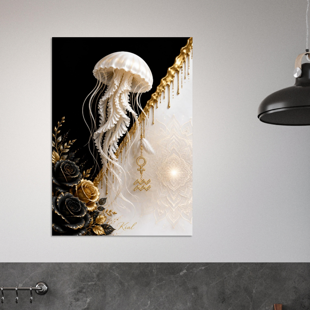 Aquarius Zodiac Jellyfish Poster, Gold Wall Art, Zodiac Gift for Her, Danish Art Studio