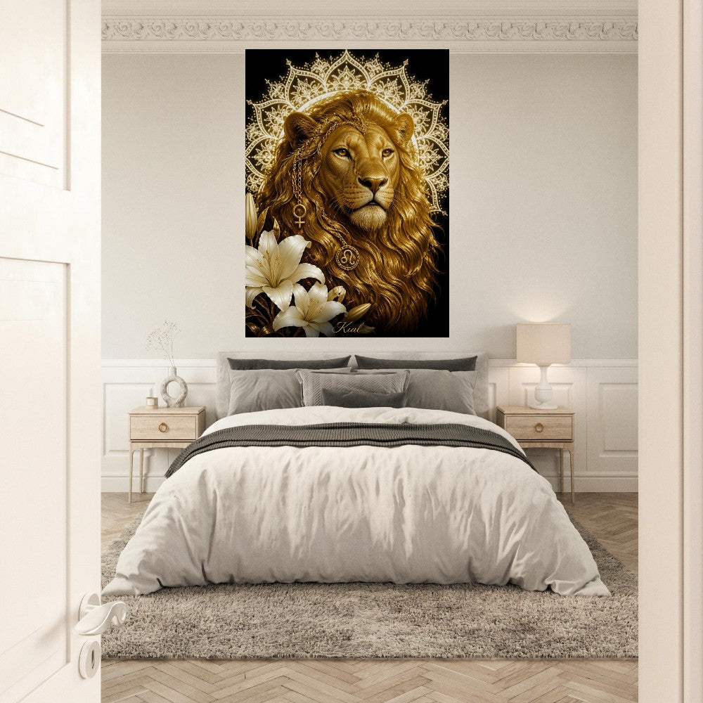 Leo Zodiac Lion Poster, Gold Wall Art, Astrology Canvas, Lion Portrait, Zodiac Gift for Her, Danish Art Studio
