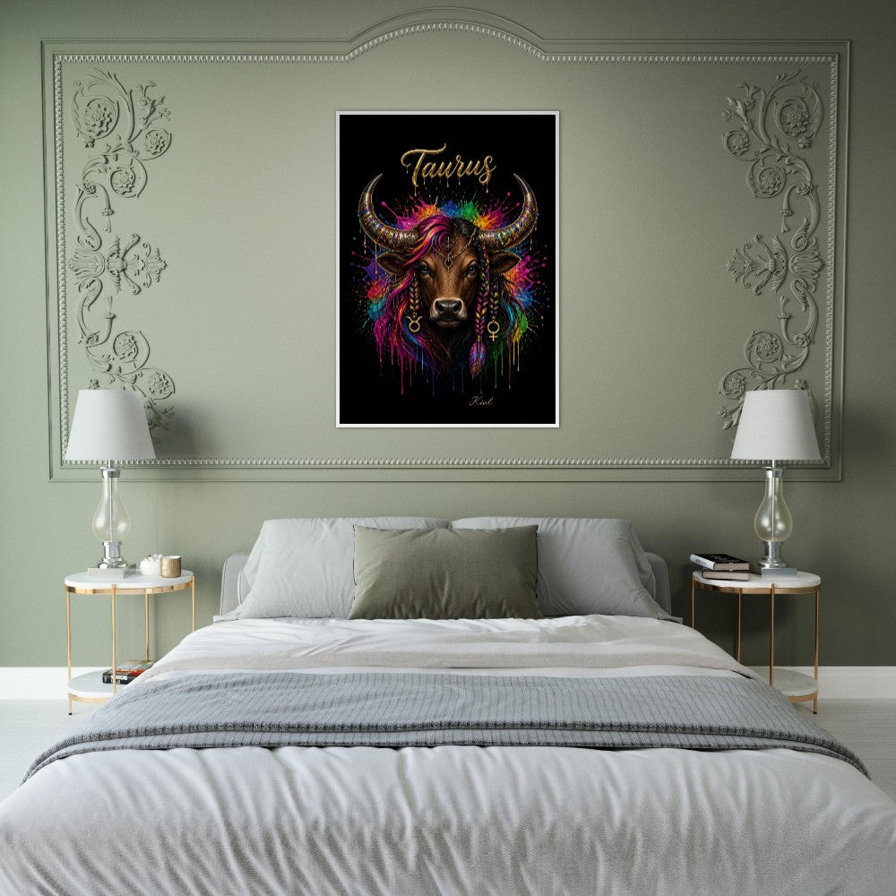Taurus Neon Zodiac Bull Poster, Colorful Wall Art, Artistic Astrology Canvas, Zodiac Gift for Her, Danish Art Studio