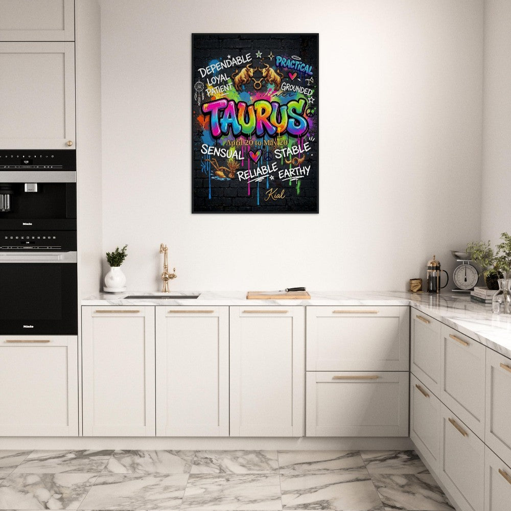 Taurus Neon Graffiti Zodiac Poster, Dark Background, Colorful Street Art, Zodiac Gift for Her, Danish Art Studio
