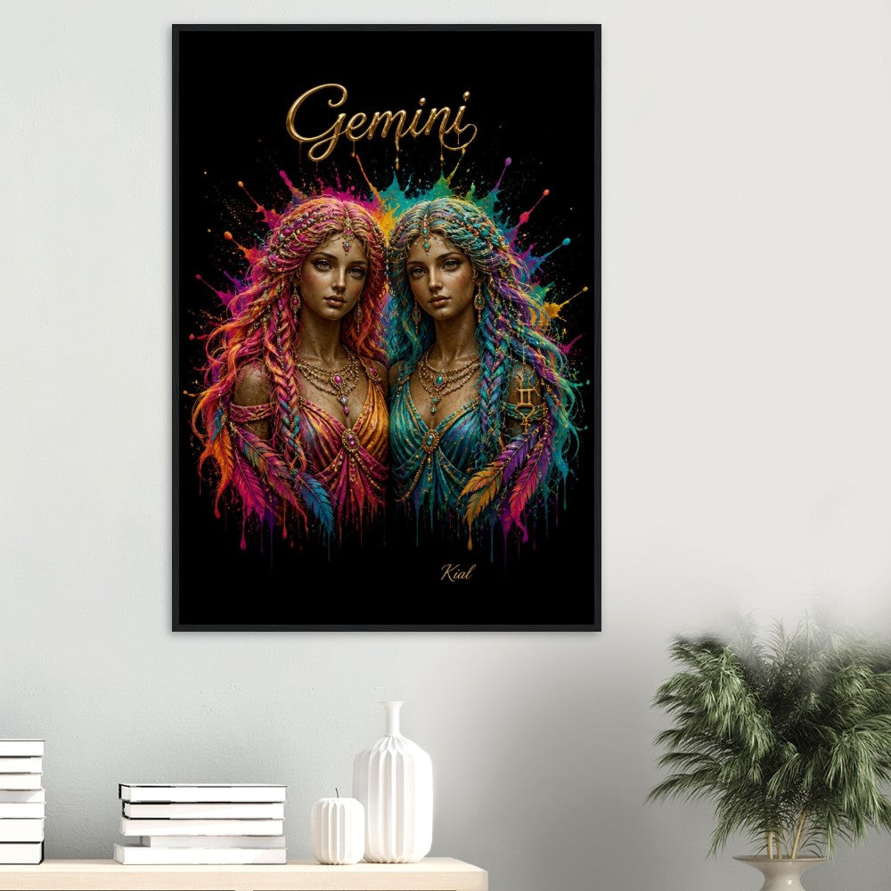 Gemini Neon Zodiac Tvillinger Plakat, Farverig Vægkunst, Kunstnerisk Astrologi Lærred, Zodiak Gave til Hende, Dansk Kunst Studio