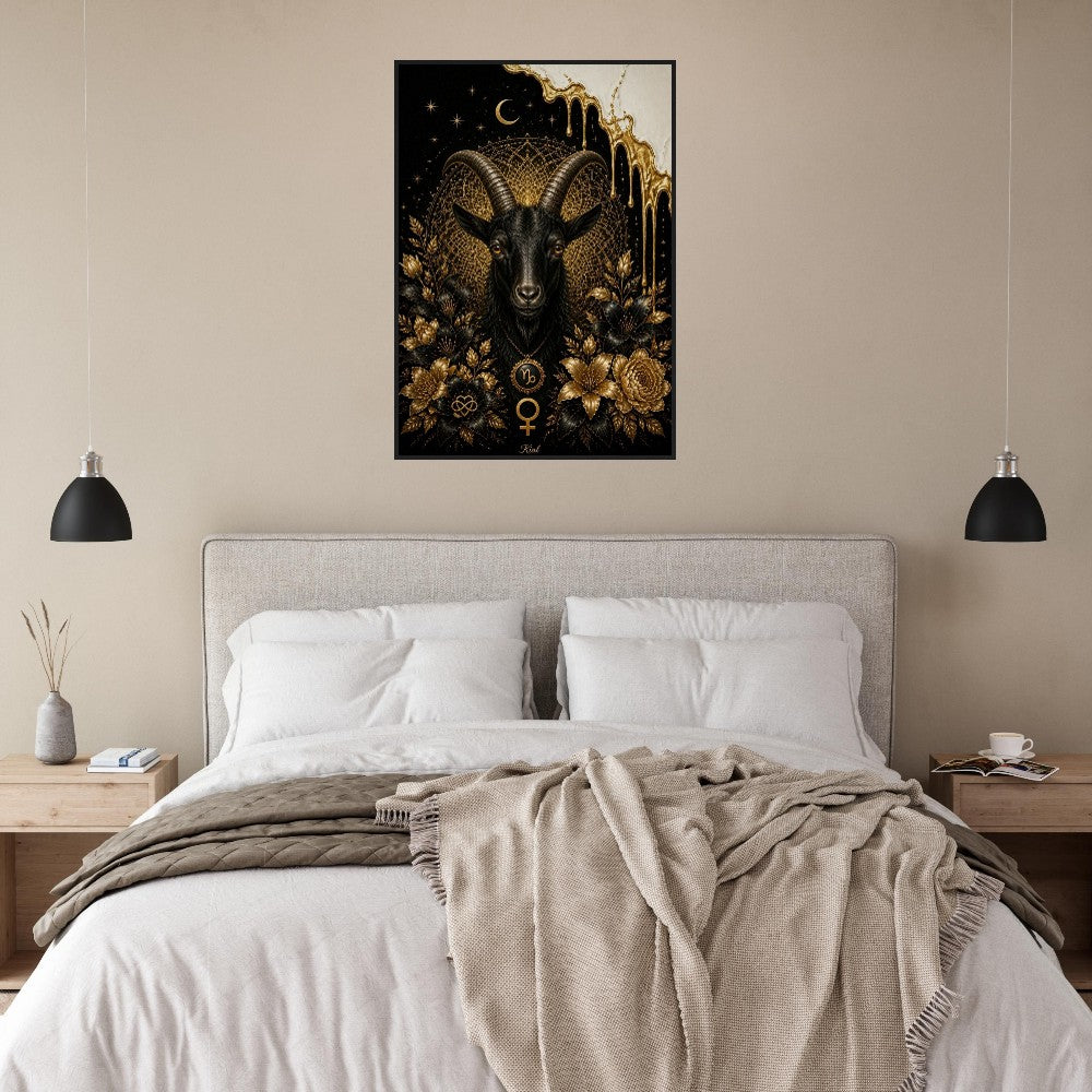 Capricorn Zodiac Goat Poster, Gold Wall Art, Astrology Canvas, Goat Portrait, Zodiac Gift for Her, Danish Art Studio