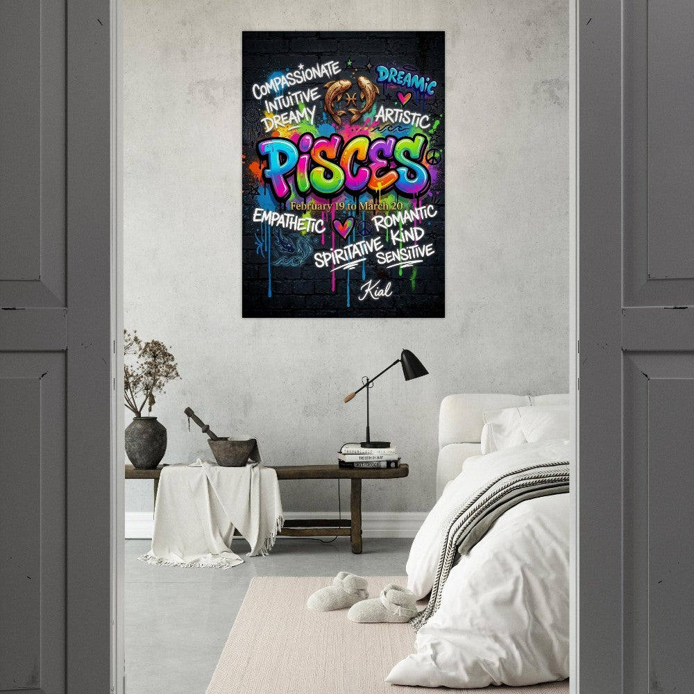 Pisces Neon Graffiti Zodiac Poster, Dark Background, Colorful Street Art, Zodiac Gift for Her, Danish Art Studio