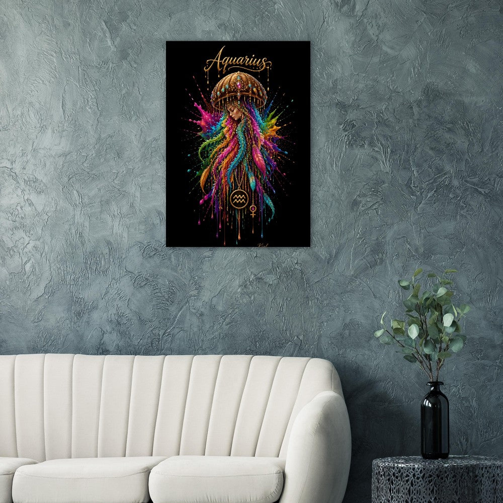Aquarius Neon Zodiac Medusaplakat, Farverig Vægkunst, Zodiac Gave til Hende, Danish Art Studio