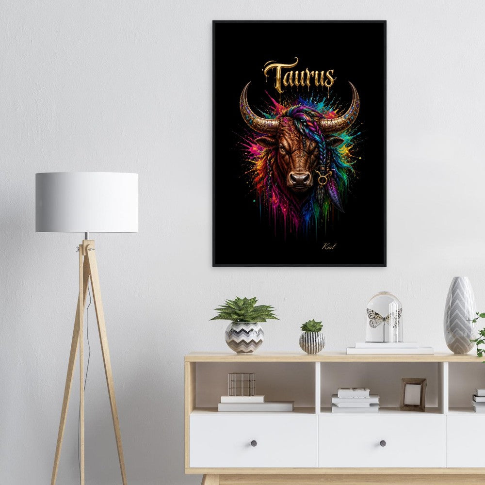 Taurus Neon Zodiac Bull Poster, Colorful Wall Art, Artistic Astrology Canvas, Zodiac Gift for Him, Danish Art Studio