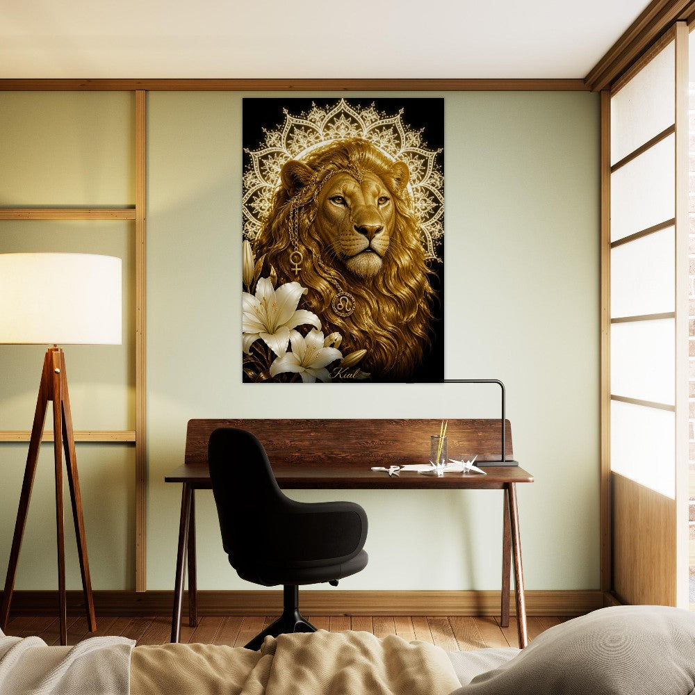 Leo Zodiac Lion Poster, Gold Wall Art, Astrology Canvas, Lion Portrait, Zodiac Gift for Her, Danish Art Studio