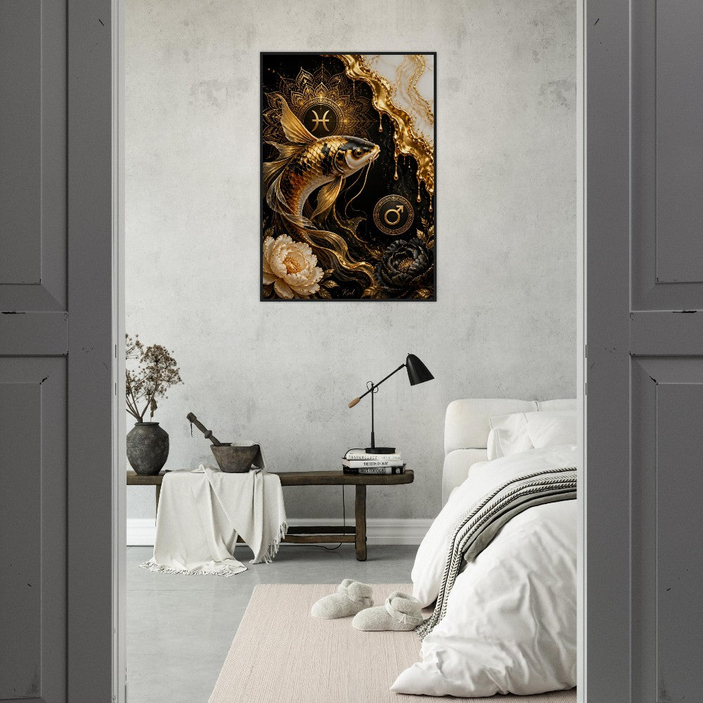 Pisces Zodiac Koi Poster, Gold Wall Art, Astrology Canvas, Koi Portrait, Zodiac Gift for Him, Danish Art Studio