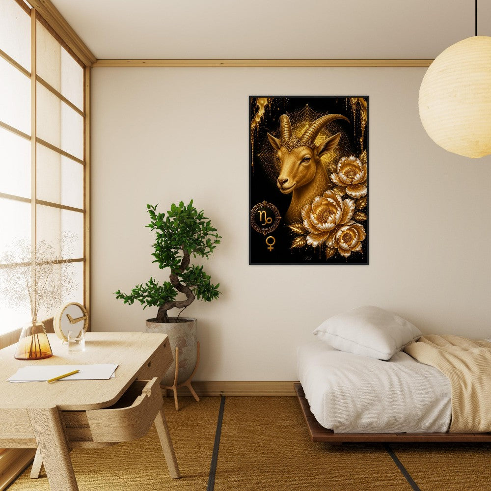 Capricorn Zodiac Goat Poster, Gold Wall Art, Astrology Canvas, Goat Portrait, Zodiac Gift for Her, Danish Art Studio