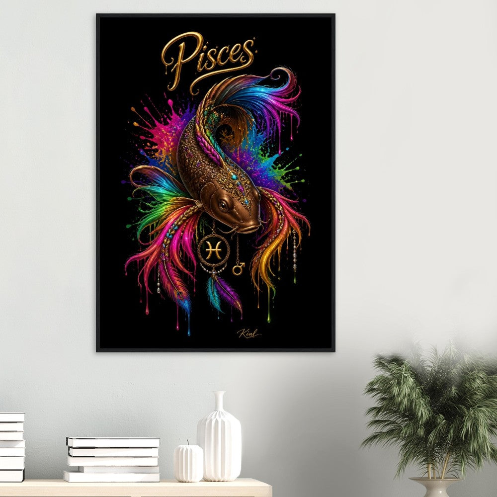 Pisces Neon Zodiac Koi Poster, Colorful Wall Art, Artistic Astrology Canvas, Zodiac Gift for Him, Danish Art Studio