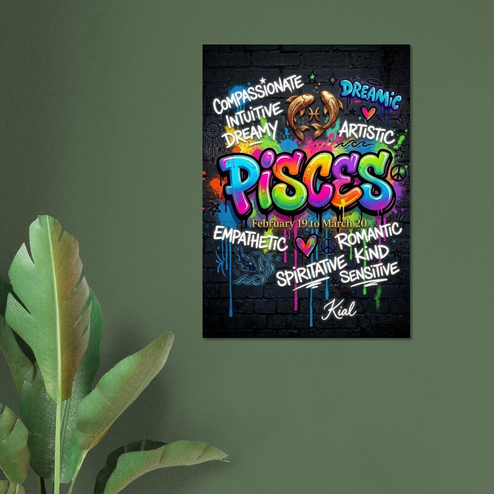 Pisces Neon Graffiti Zodiac Poster, Dark Background, Colorful Street Art, Zodiac Gift for Her, Danish Art Studio