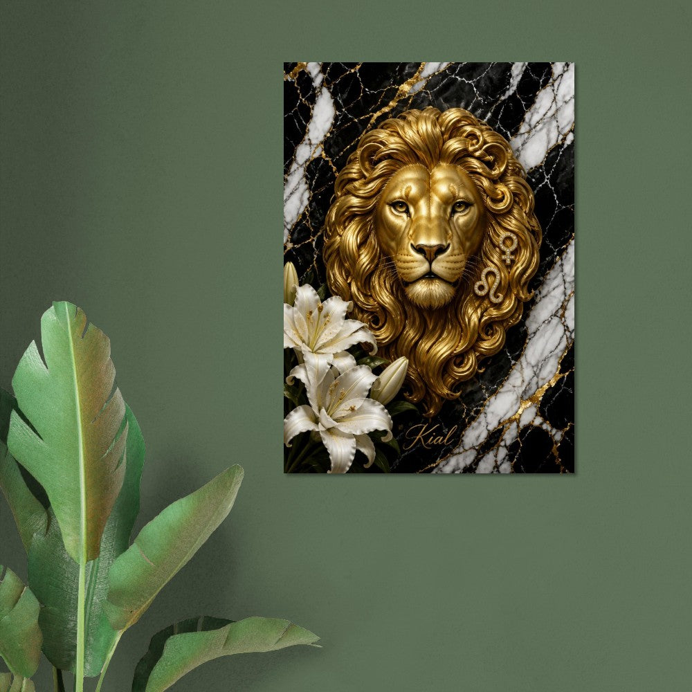 Leo Zodiac Lion Poster, Gold Wall Art, Astrology Canvas, Lion Portrait, Zodiac Gift for Her, Danish Art Studio
