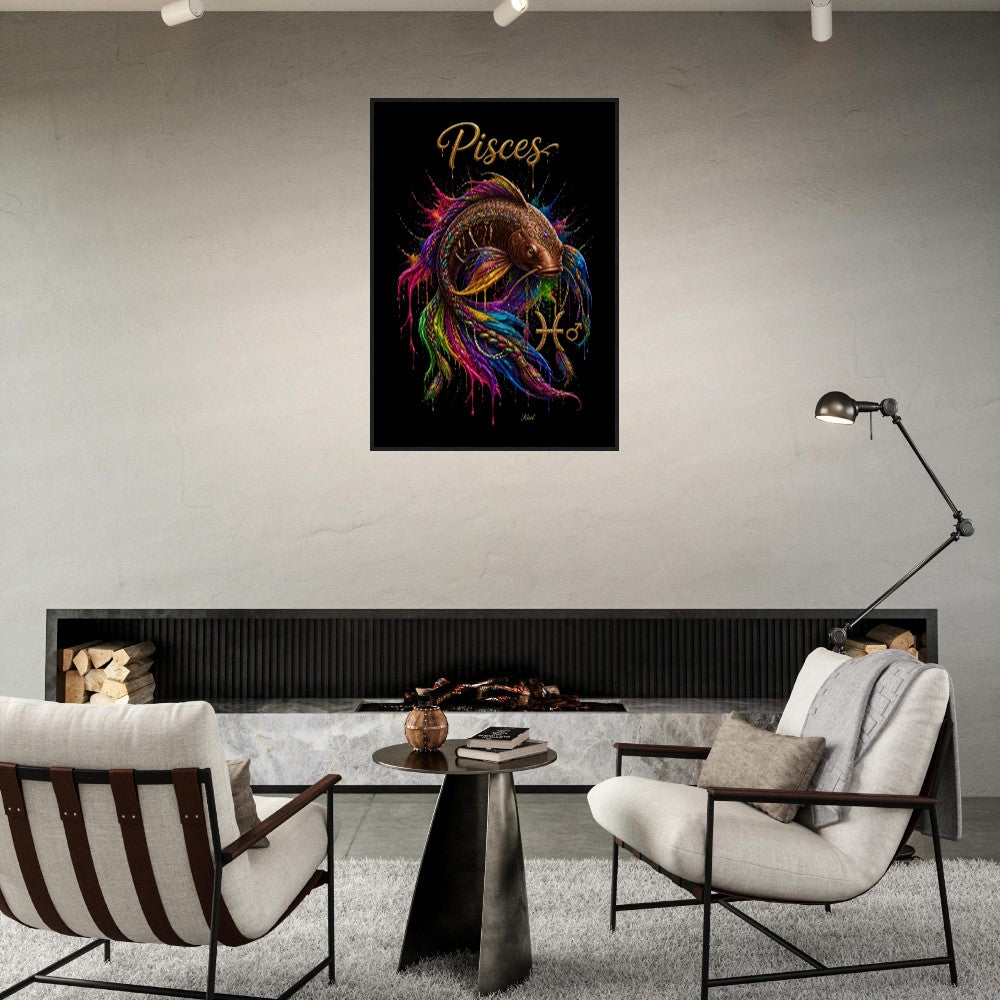 Pisces Neon Zodiac Koi Poster, Colorful Wall Art, Artistic Astrology Canvas, Zodiac Gift for Him, Danish Art Studio