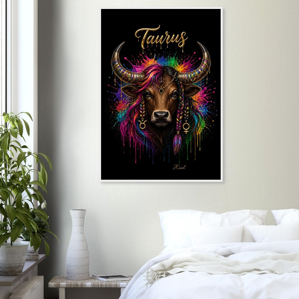 Taurus Neon Zodiac Bull Poster, Colorful Wall Art, Artistic Astrology Canvas, Zodiac Gift for Her, Danish Art Studio