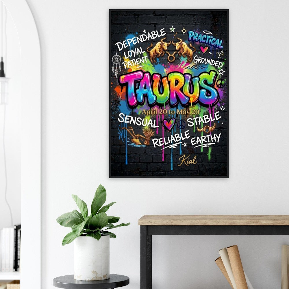 Taurus Neon Graffiti Zodiac Poster, Dark Background, Colorful Street Art, Zodiac Gift for Her, Danish Art Studio