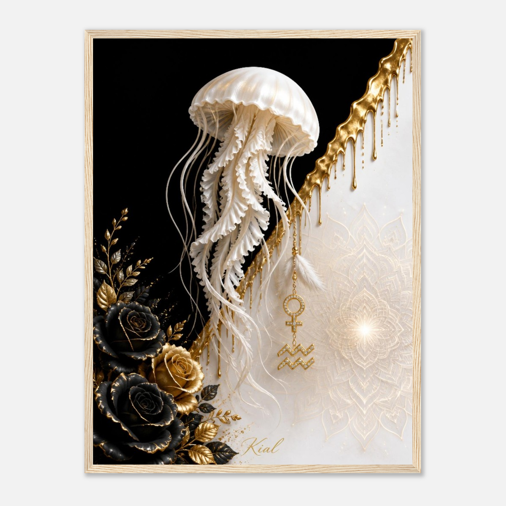 Aquarius Zodiac Jellyfish Poster, Gold Wall Art, Zodiac Gift for Her, Danish Art Studio