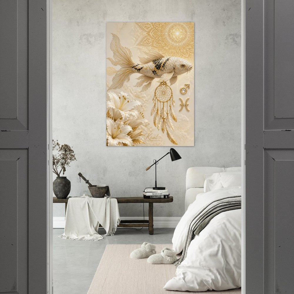 Pisces Zodiac Koi Poster, Gold Wall Art, Astrology Canvas, Koi Portrait, Zodiac Gift for Him, Danish Art Studio