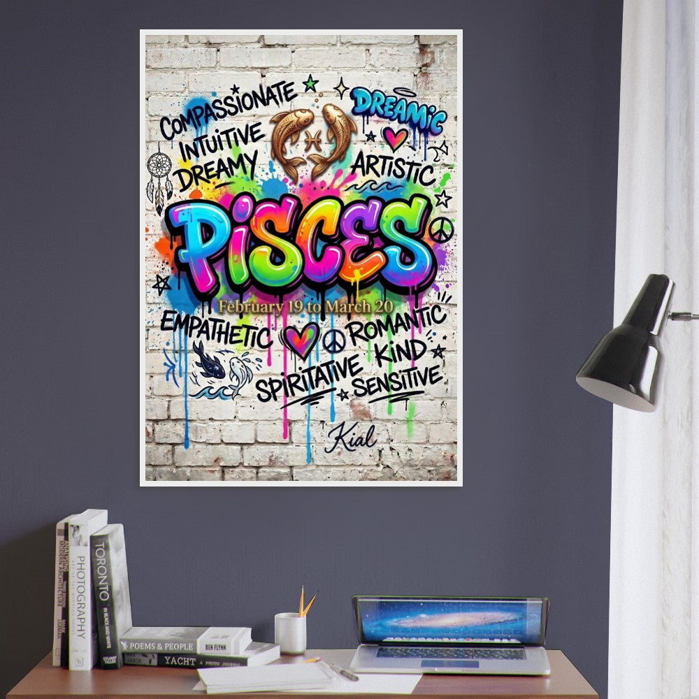 Pisces Neon Graffiti Zodiac Poster, Colorful Street Art, Zodiac Gift for Her, Danish Art Studio