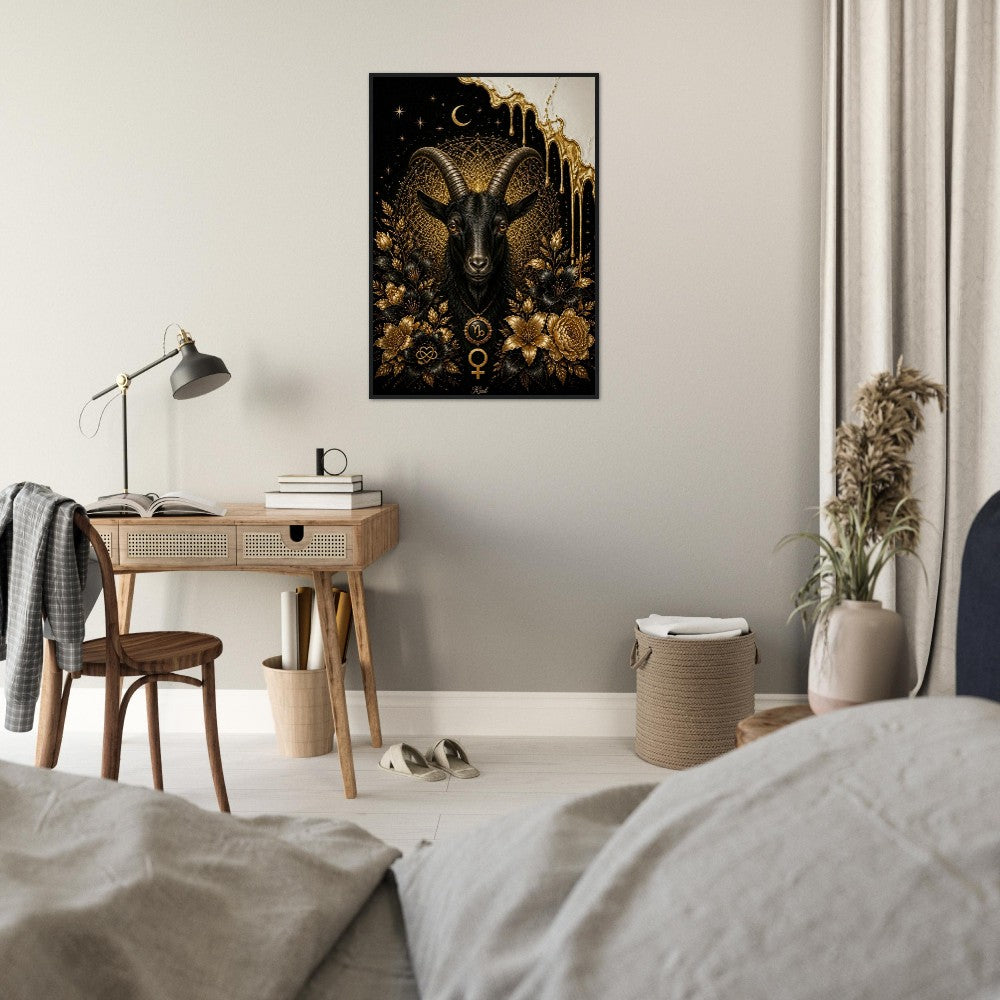 Capricorn Zodiac Goat Poster, Gold Wall Art, Astrology Canvas, Goat Portrait, Zodiac Gift for Her, Danish Art Studio