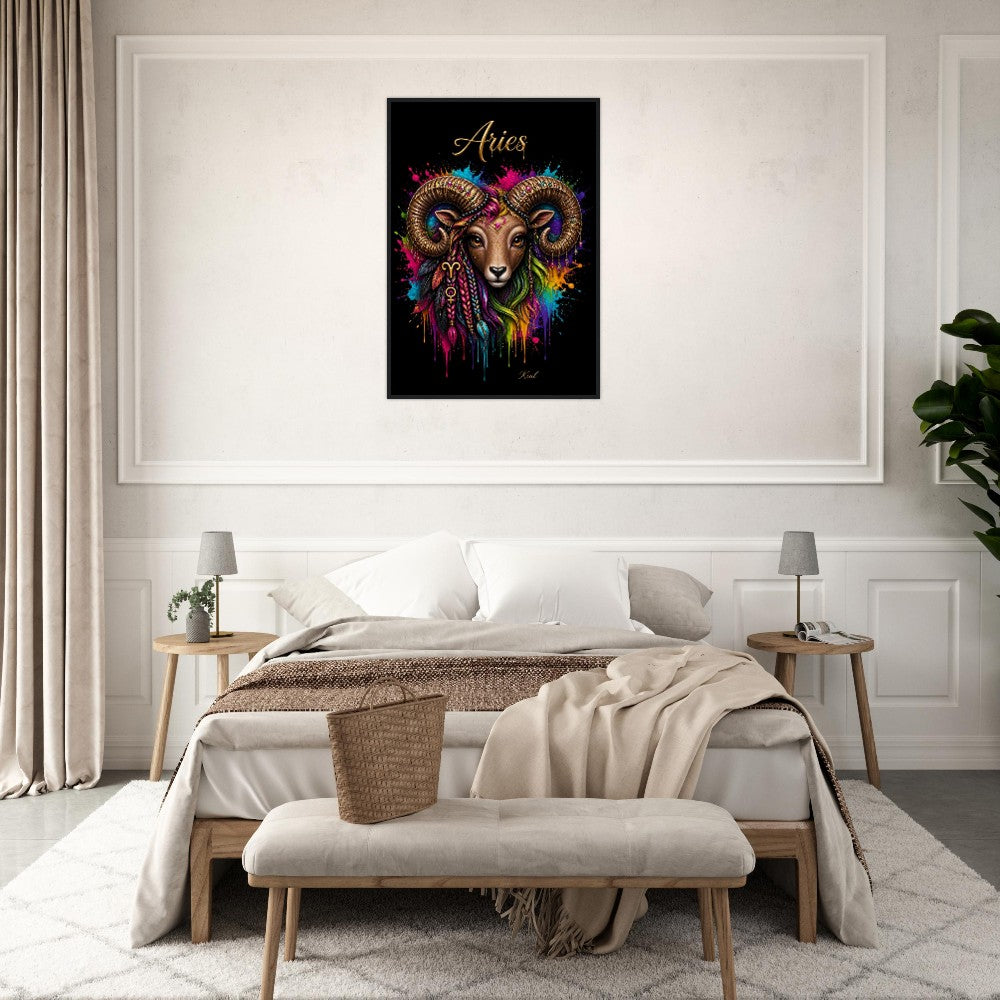 Aries Neon Zodiac Ram Poster, Colorful Wall Art, Artistic Astrology Canvas, Zodiac Gift for Her, Danish Art Studio
