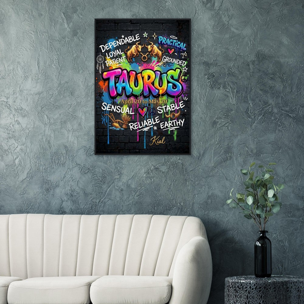 Taurus Neon Graffiti Zodiac Poster, Dark Background, Colorful Street Art, Zodiac Gift for Her, Danish Art Studio