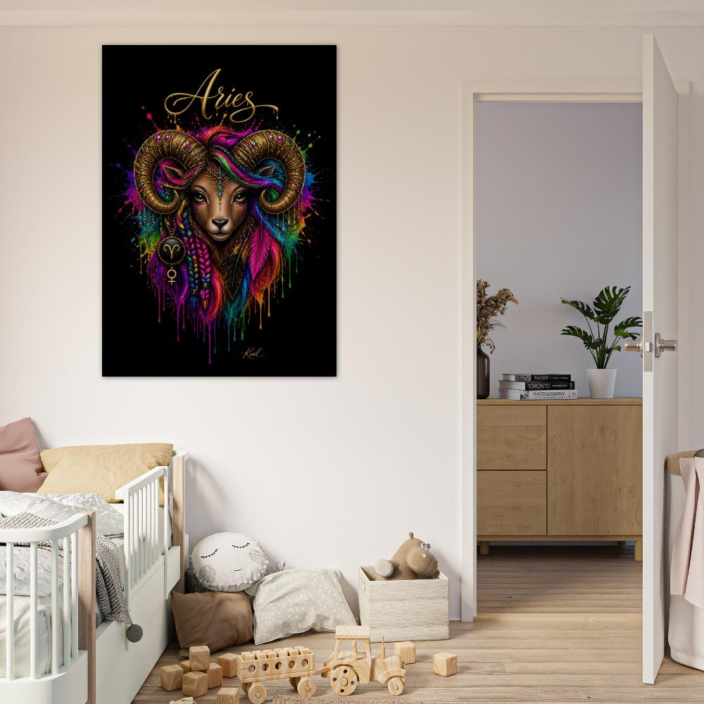 Vædderen Neon Stjernetegn Plakat, Farverig Vægkunst, Kunstnerisk Astrologi Lærred, Stjernetegnsgave til Hende, Danish Art Studio