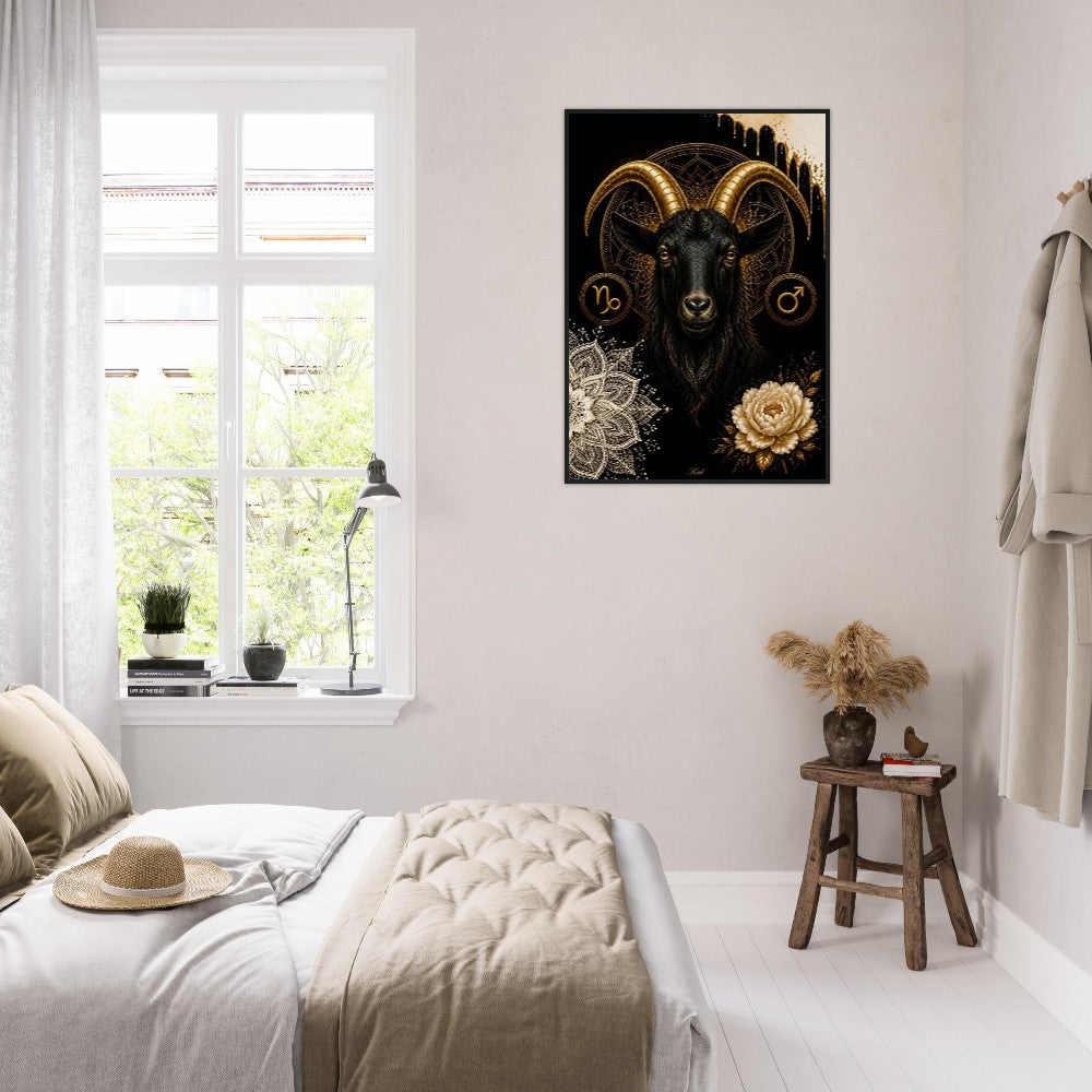 Capricorn Zodiac Goat Poster, Gold Wall Art, Astrology Canvas, Goat Portrait, Zodiac Gift for Him, Danish Art Studio