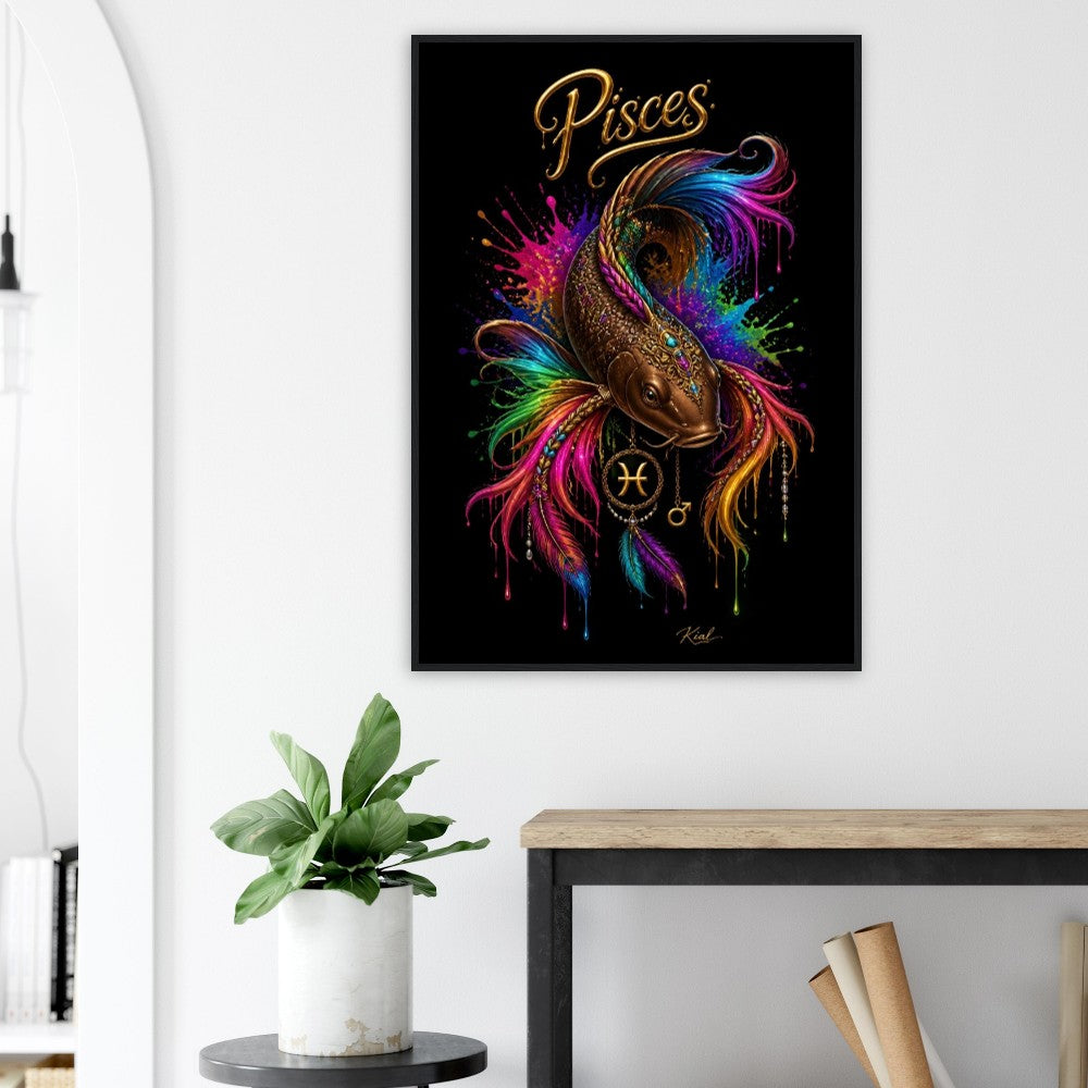Pisces Neon Zodiac Koi Poster, Colorful Wall Art, Artistic Astrology Canvas, Zodiac Gift for Him, Danish Art Studio