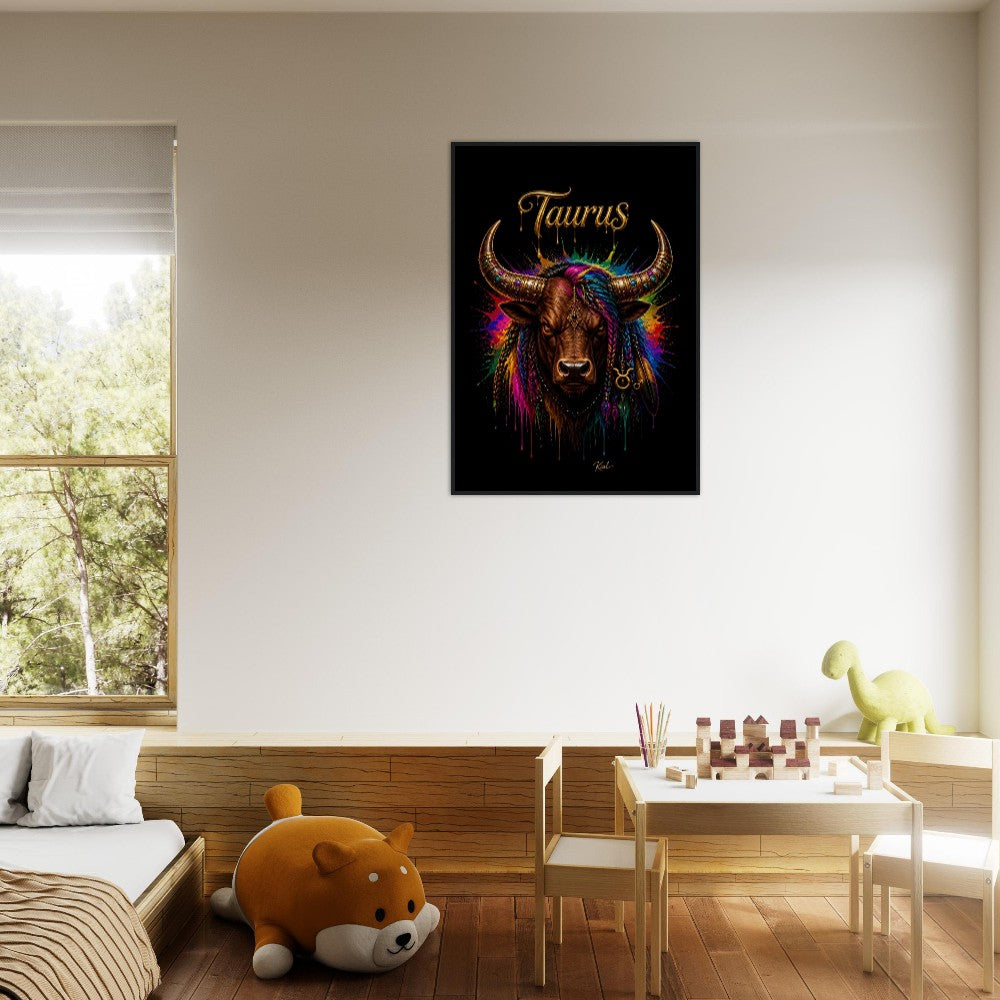 Taurus Neon Zodiac Bull Poster, Colorful Wall Art, Artistic Astrology Canvas, Zodiac Gift for Him, Danish Art Studio