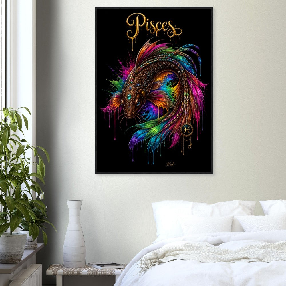 Pisces Neon Zodiac Koi Poster, Colorful Wall Art, Artistic Astrology Canvas, Zodiac Gift for Him, Danish Art Studio